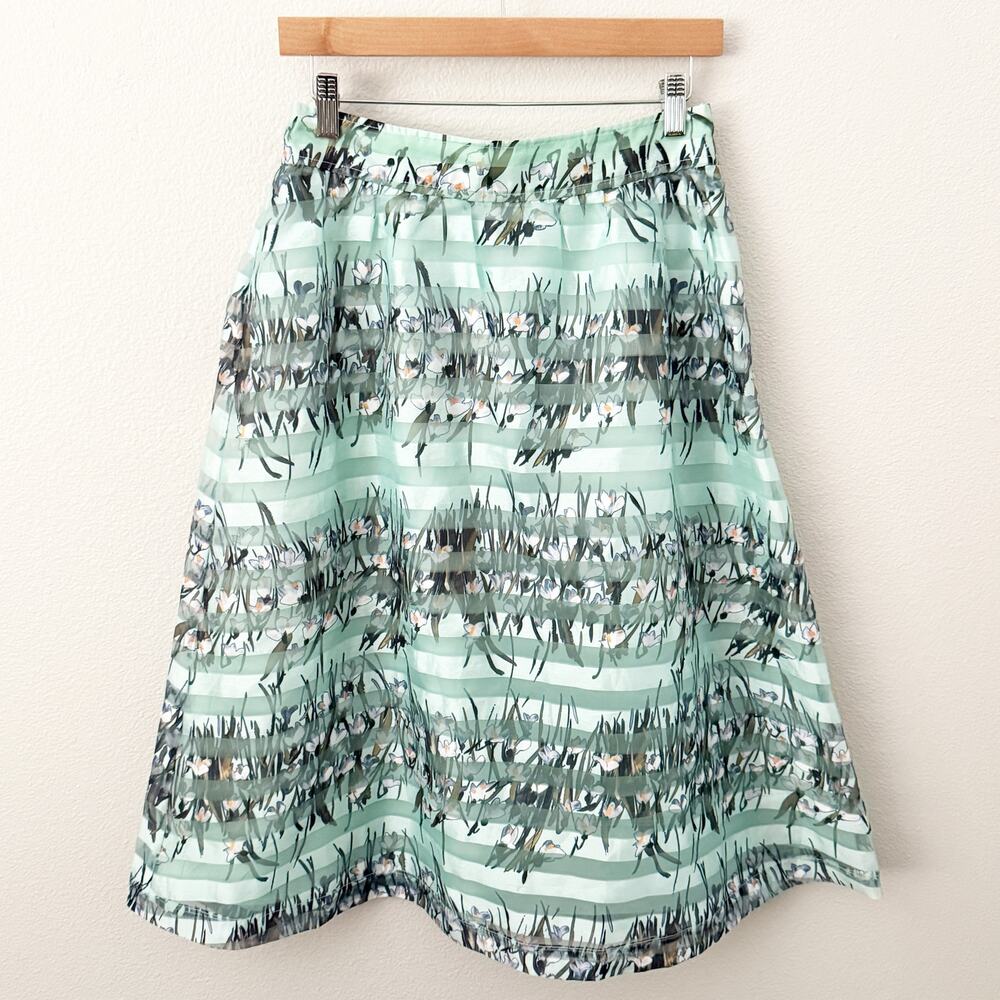 MAEVE ANTHROPOLOGIE | Thick Stripe Overlay Floral Mint Green Midi Skirt | Small
